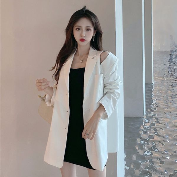 

2020 autumn new fashion retro heart machine zipper off-the-shoulder slimming loose coat thin suit female fashion, White;black