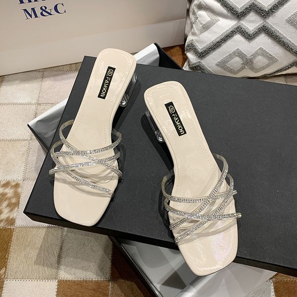 

women's 2020 new summer fashion rhinestone slippers thick heel all-match internet celebrity transparent cross rhinestone slippers