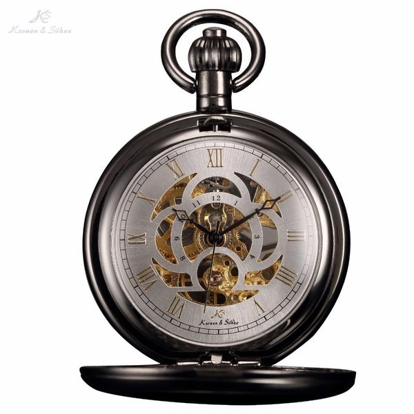 

ks luxury skeleton white dial antique hand winding roman numerals mechanical analog clock fob chain jewelry pocket watch /ksp009 t200502, Slivery;golden
