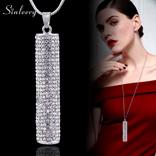 

sinleery vintage full cubic zirconia cylindrical pendant necklace for women long black chain jewelry accessoires my356 ssf, Silver