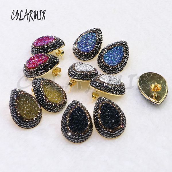 

10 pairs stud druzy earrings drop stone earrings mix colors imitation druzy wholesale jewelry gems jewelry for women 7021, Golden;silver