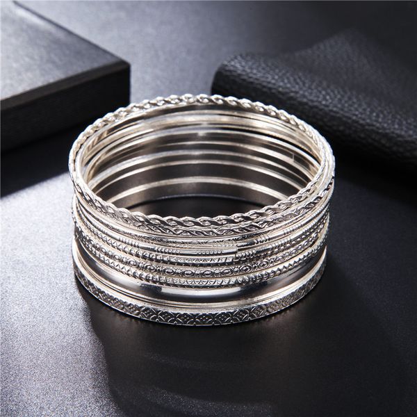 

retro style trendy 11pcs/set gold silver color bangles bracelets set for women circle metal wire bangle bohemian jewelry, Black