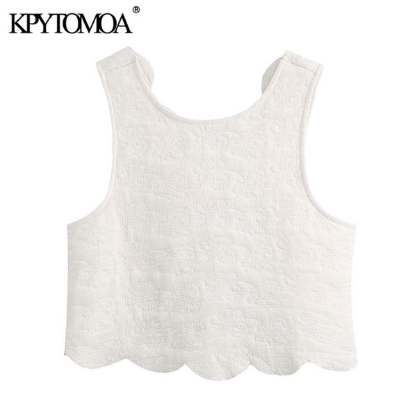 

women's blouses & shirts kpytomoa women 2021 fashion wavy hem quilted cropped vintage sleeveless backless bow tied female chic, White