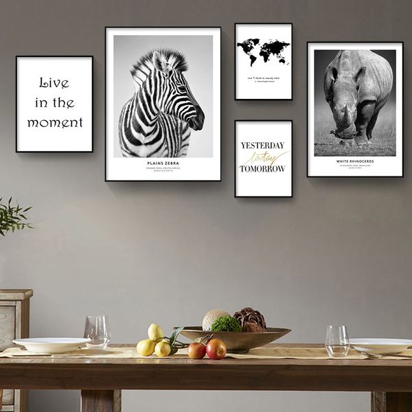 

scandinavian black white poster nordic canvas poster wall art print africa animal zebra rhinoceros painting picture home decor