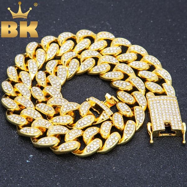 

alloy with aaa iced out rhinestones necklace 20mm heavy miami cuban link chain hiphop gold color fashion jewelry for men t200113, Silver