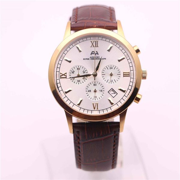 

fashion new brand aehibo watches for men white dial brown leather gold watch quartz vk super chronograph watch men's watches, Slivery;brown