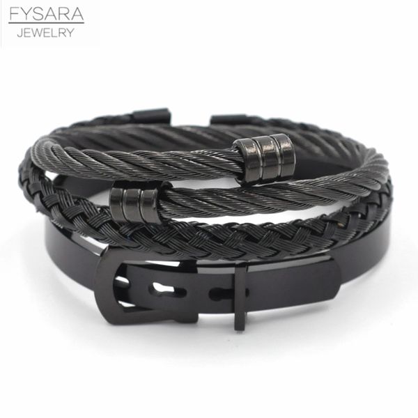

fysara 3pcs/set men stainless steel cable wire black bracelets set belt buckle bangles punk street boy pulseira jewelry