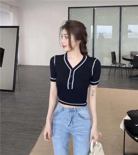 

hong kong вкус новый v-образный вырез футболка цветой панель короткая вязаный свитер девушка мода сладкой тонкая тонкая универсальную коротк, White