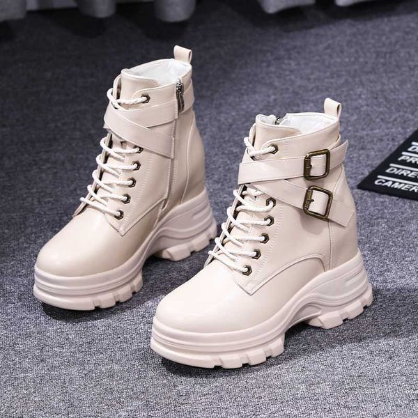 

yeddamavis women boots new winter womens boots punk style beige wedge high heel lace up wedge platform women shoes, Black