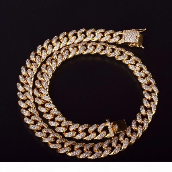 

12mm iced out zircon cuban necklace chain hip hop jewelry gold silver copper material cz clasp mens necklace link 18-28inch