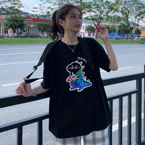 

2020 new korean style loose all-match cute t-shirt little dinosaur graffiti printing round neck short sleeve t-shirt women's fashion, White