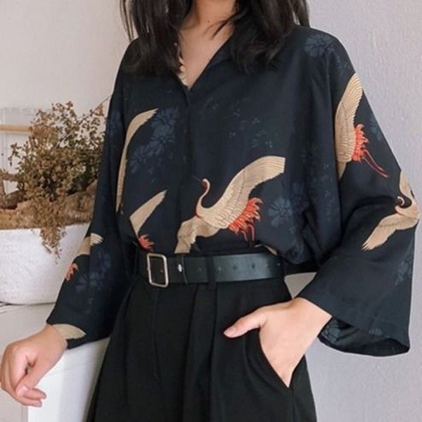 

deeptown vintage womens shirt summer 2020 fashion women blouse korean style harajuku print shirts women elegant button up shirt, White