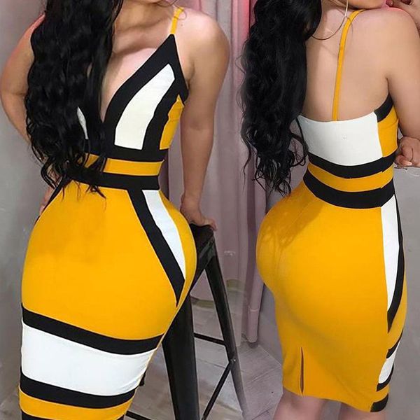 

strip camis dress women geometric figure yellow strap bodycon casual deep v neck boho resort high waist club party dress, Black;gray