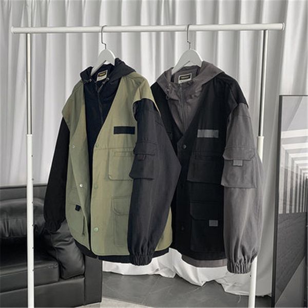 

tooling jacket female 2020 new loose korean harajuku style fake two pieces outerwear spring autumn retro women hooded coats g447, Black;brown