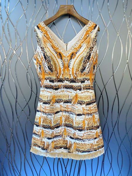 

european and american style dress customized retro color woven tassel beaded v-neck sleeveless vest dress ing