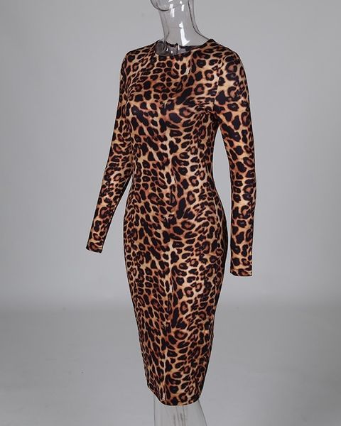 

new fashion leopard print long sleeve bodycon dress women slim fit polyester stretchy dress drop shipping, Black;gray