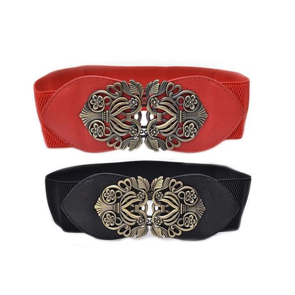

2x women's retro flower elastic stretch buckle wide waist belt waistband (red&black, Black;brown