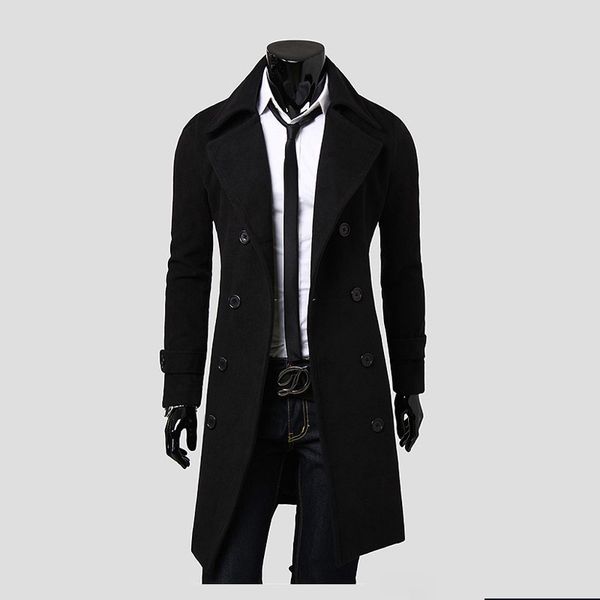 

new men's long woolen jacket fashion solid double breasted men trench coat color black,camel,gray, Tan;black