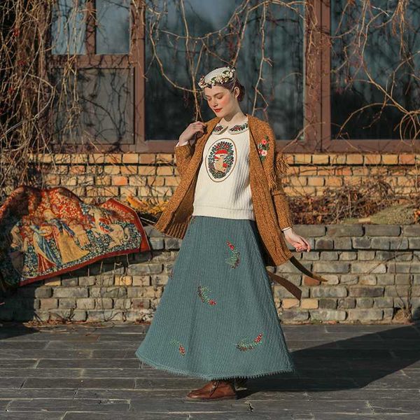 

design autumn original winter women elegant vintage blue mori girls exquisite fruits embroidery lace hem knitted skirts, Black