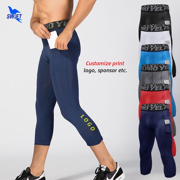 

running pants men sport 3/4 with mobile pocket capris tights gym fitness training leggings slim cropped trousers custom, Black;blue