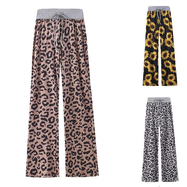 

women's print comfortable casual stretch drawstring wide leg pants, Black;white