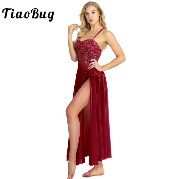 

tiaobug glitter sequins sleeveless women ballet leotard dance dress women dancewear party costume with split mesh, Black;red