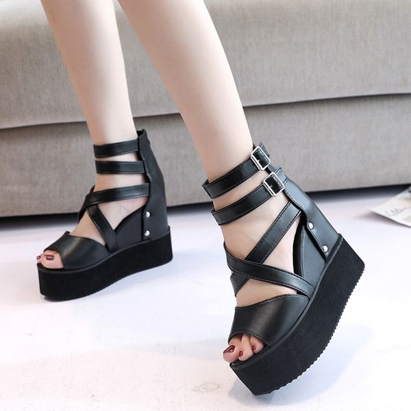 

women platform sandals summer 2020 woman peep toe pu leather wedges ladies roman women's buckle non slip female waterproof shoes, Black