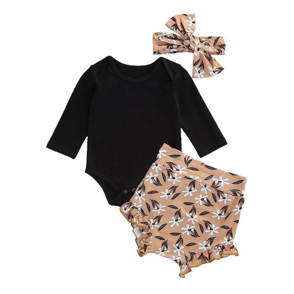 

3pcs toddler girl 0-18m cute solid color long-sleeved jumpsuit + floral ruffled shorts + bow headband summer outfits, White