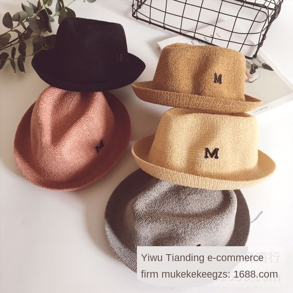 

circle yarn personalized children's letter personalized curling travel shade breathable straw sun straw sun hat jazz hat, Yellow