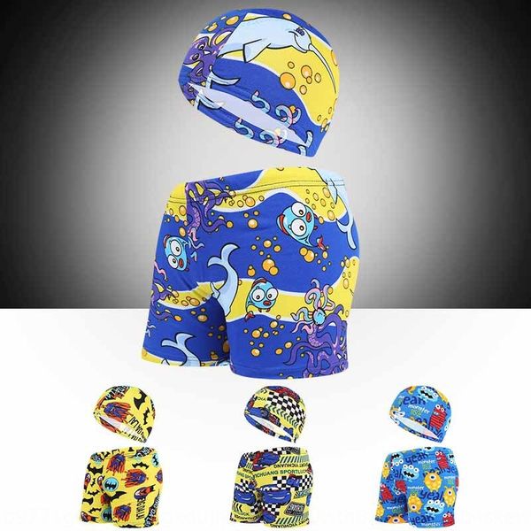 

children's beach pants cap trunks boys' swimming trunks cute cartoon boxer beach pants with swimming cap suit yk4807, White;black