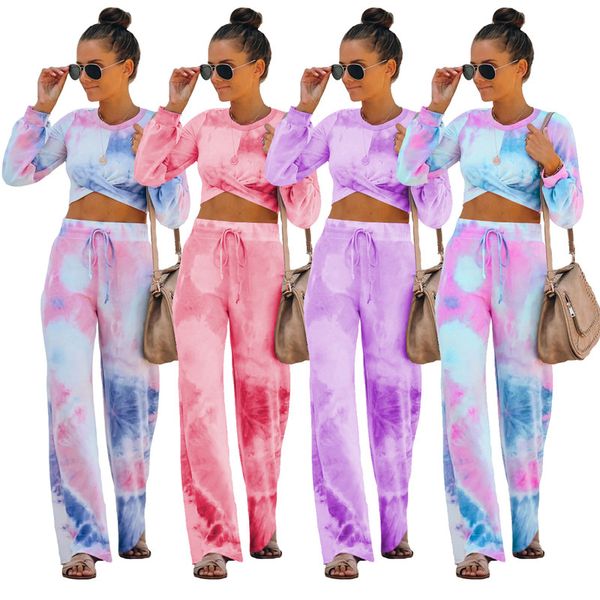 

designer tie-dye print women tracksuit crop cross tshirt hoodies + loose pants two piece fashion home outfits sports suit d72711, White