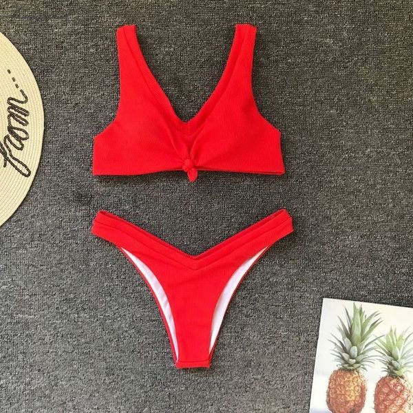 

solid red bikini set women halter front tie push up padded bikinis swimwear 2020 mujer brazilian bathing suit thong swimsuit, White;black