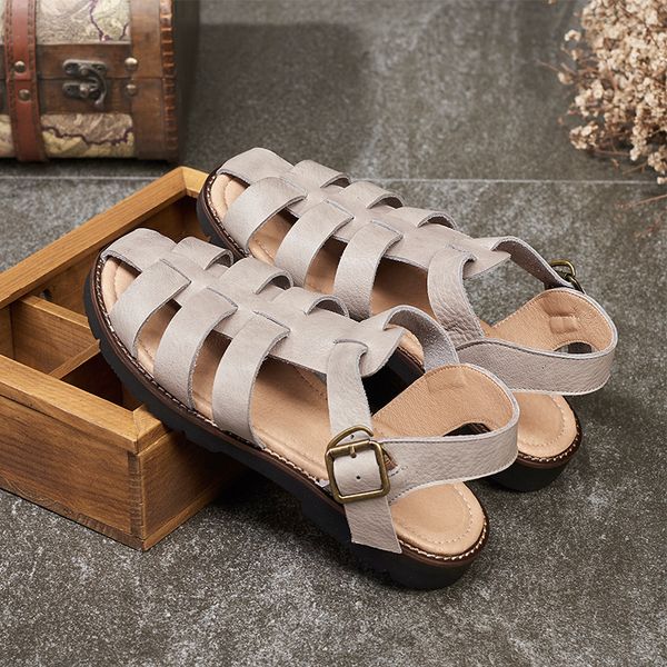 

yourseason women genuine leather casual vintage shoes sewing flat with ladies buckle strap sandals summer 2020 new, Black