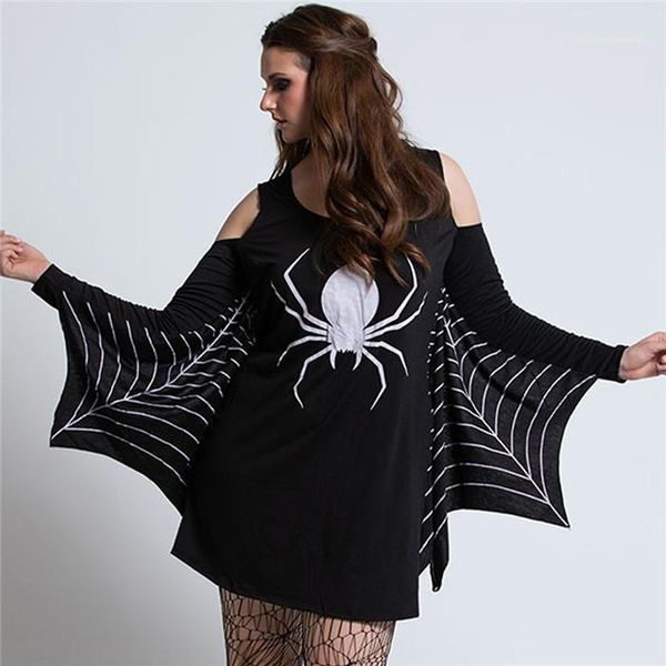 

strapless stage wear famale fashion clothes womens halloween spider print dress bat long sleeve o-neck, Black;red