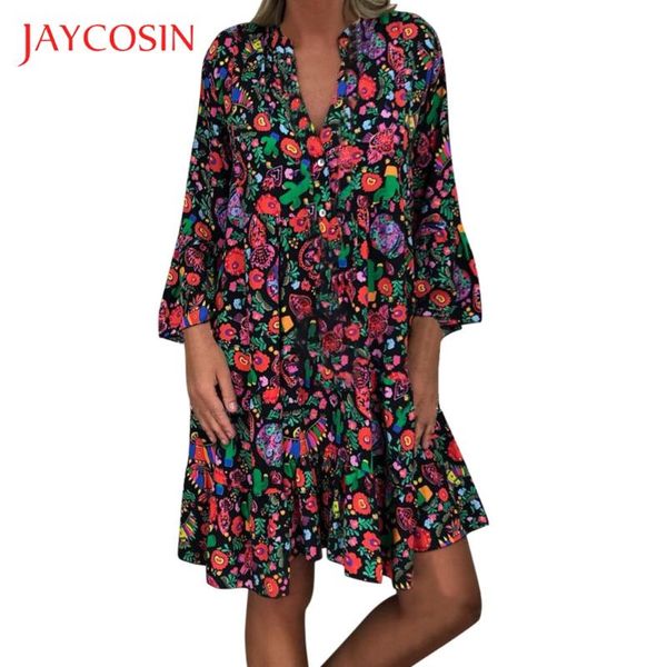 

jaycosin 5xl dress women plus size summer dress loose print long sleeve v-collar button mini beach vintage vestidos 723, Black;gray
