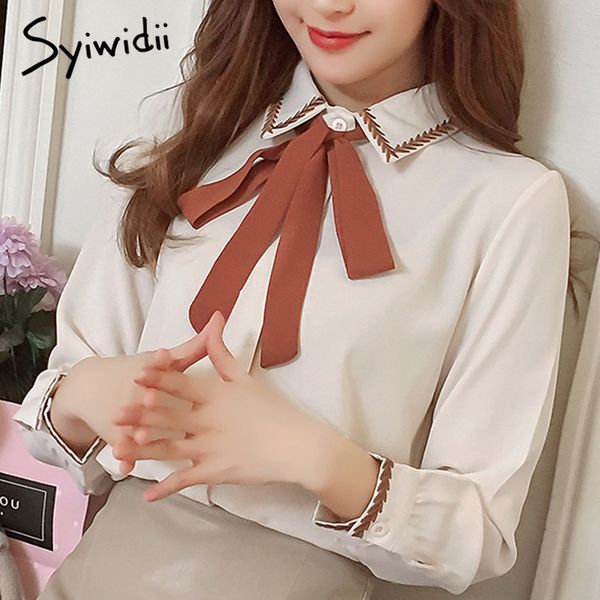 

bow tie lace up leaf embroidery blouses women 2020 long sleeve chiffon office ladies blouse turn down collar elegant korean, White