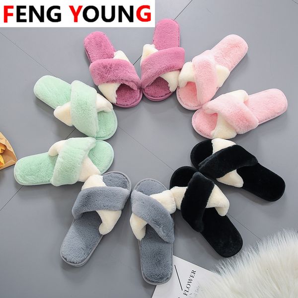 

2020 winter woman slippers fluffy faux fur sandals cute plush flip flops women cross transparent slides lady outdoor flat shoes, Black