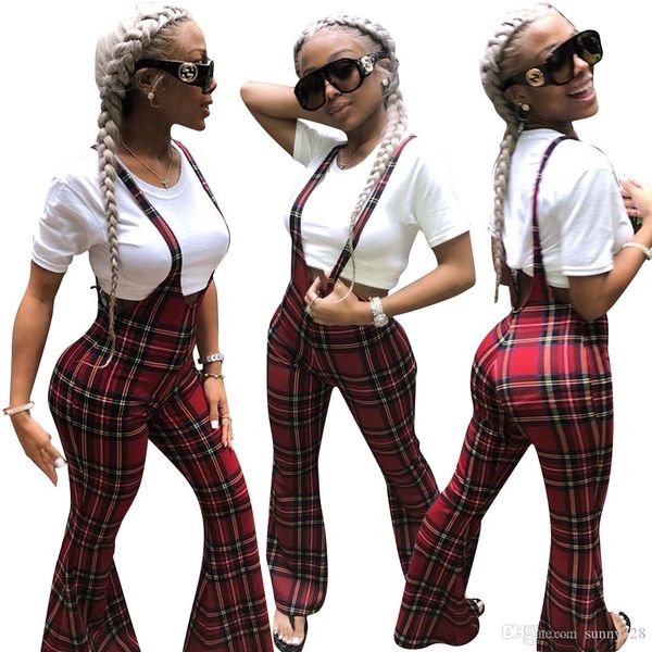 

fashion red plaid printed women wide leg long pants overall 2019 straps neck sleeveless casual club jumpsuits outfits real imag, Black;white