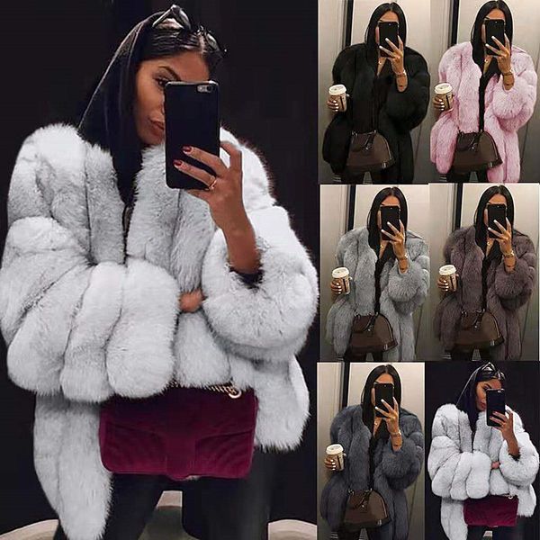 

2020 autumn winter clothing women fur coat white pink warm faux fur streetwear fashion casual o neck cardigan caots, Black