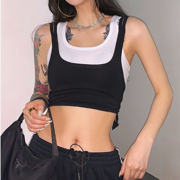 

fashion street tank women sleeveless patchwork bandage hip hop cool punk style crop casual sports vest, Black;blue