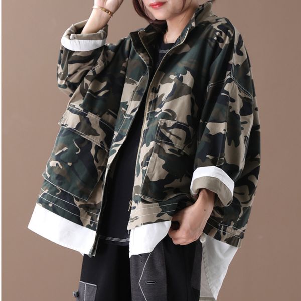 

ewq] 2020 spring autumn new pattern stand collar long sleeve fake two piece camouflage loose coat wome jacket ah05206, Black;brown