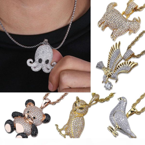 

gold plated cz cublic zirconia bear eagle owl goat ocs pendant chain necklace lots styles animal hiphop jewelry gifts for men and women, Silver