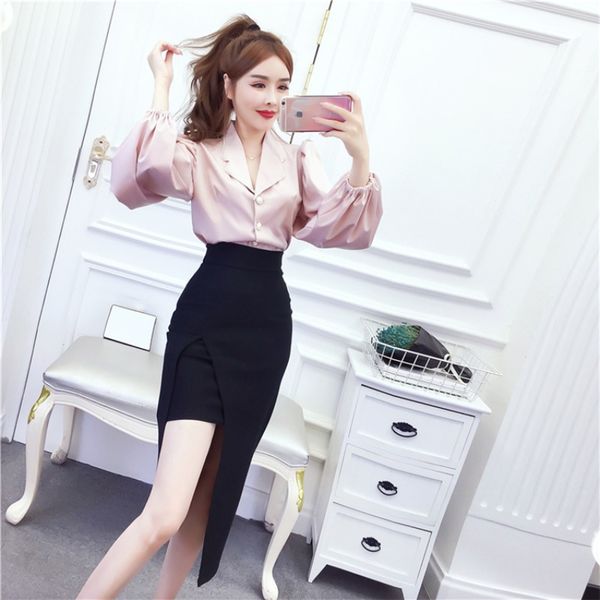 

women dressises 2020 new slim puff sleeve suit collar shirt high waist split bag hip skirt two-piece suit women, White