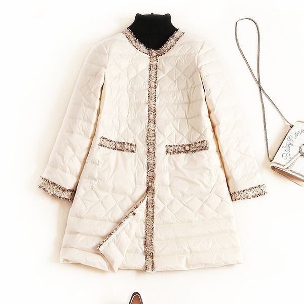 

lightweight slim long down jacket for women 2020 winter fashion tweed contrast color single breasted warm plus size parka coat, Black