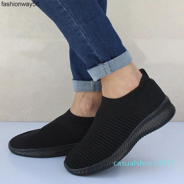 

2019 women shoes summer casual flats women shoes knitting sock sneakers loafers ladies moccasins plus size 43 c15, Black