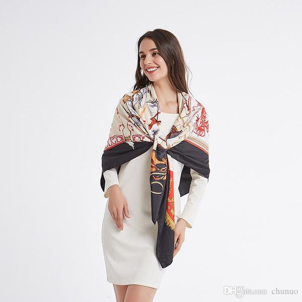 

2019 new scarf women's racecourse 130cm big chip tilt silk scarlet holiday sunscreen shawl christmas gift wholesale, Blue;gray