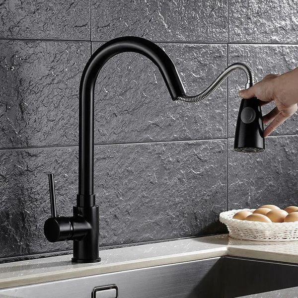 KCASA Cozinha Pull Out Arrefecer acabamento pintado de preto flexível quente e fria torneiras misturadoras plataforma Mount Swivel Faucet