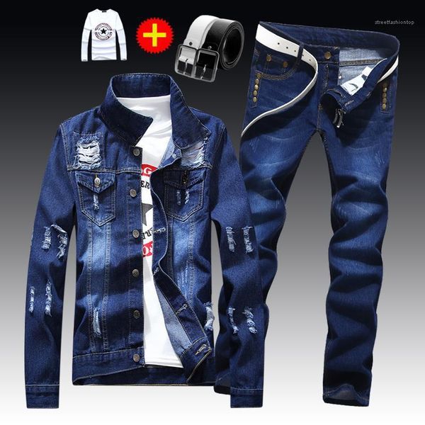 

jacket frayed solid color pants men sets casual cool two piece sets mens spring autumn slim 2pcs hole, Gray
