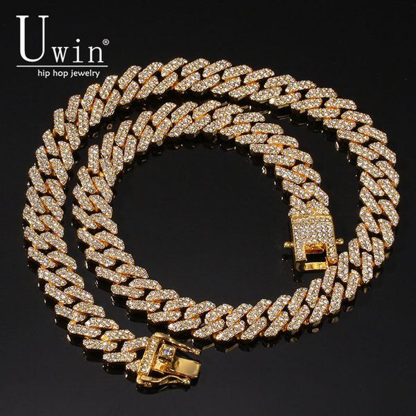 

uwin s-link miami 12mm cuban link rhinestones necklace chain full bling bling punk choker bling charms hiphop jewelry, Silver