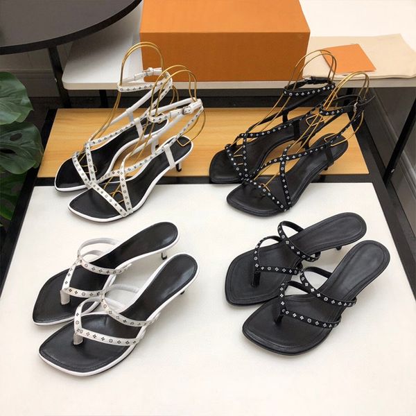 

designer womens sandals luxury black white metal square buckle open toe stiletto high heels with box size 35-40